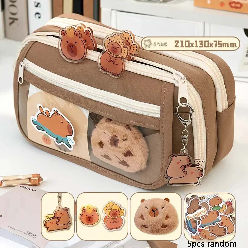 

Креативная симпатичная сумка-пенал Capybara с подвесными украшениями, брошь, случайные наклейки, идеально подходит для школы, офиса, любителей животных шоколадный