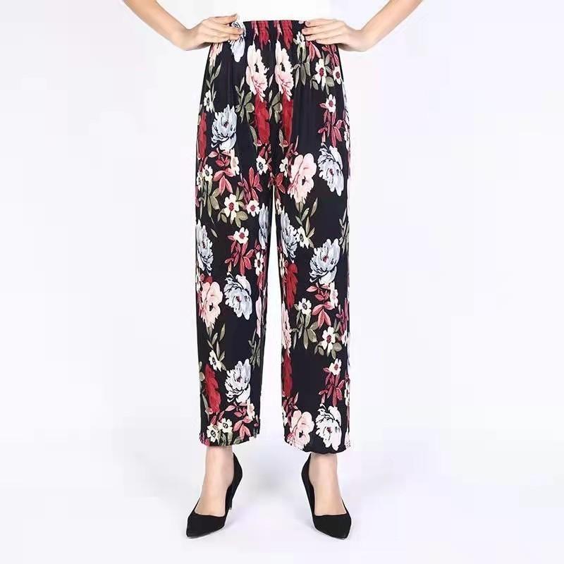 Women's   Summer Ice Silk Home Pants Loose Printed Jogger Pants High Waist Thin Casual Cropped Pants