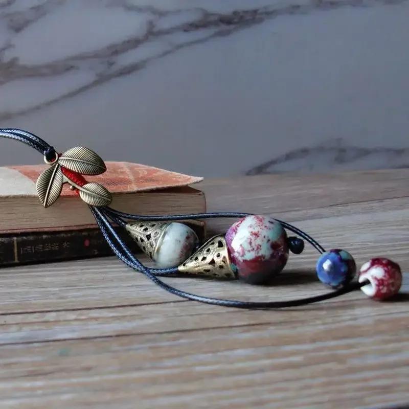 Vintage Ethnic Style Sweater Chain Jewelry Personality Girl Women's Accessories Ceramic Beaded Pendant Necklace Decoration