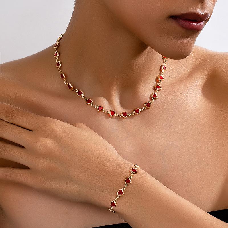 Meier Metallic red heart gemstone women's bracelet necklace jewelry set