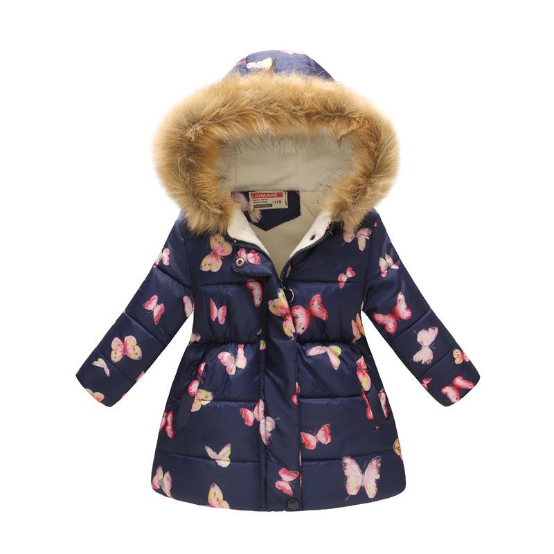 Autumn and Winter Children's Cotton Jacket Boys and Girls Fashion Printing Cartoon Big Boy Long Section Hair Collar Hooded Cotton Coat Jacket