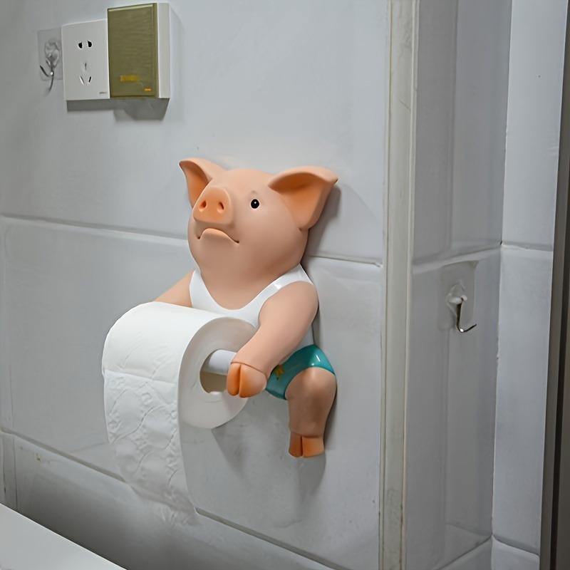 1pc Cute Pig Toilet Paper Holder, Resin Tissue Roll Dispenser, Self Adhesive Wall Mount, for Bathroom