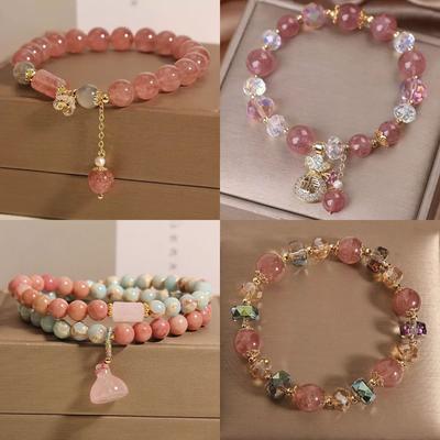 Bohemian Sweet  Beaded Bracelet for Women Girls Pink Color Imitation Jade Crystal Hand Jewelry Birthday Party Gifts