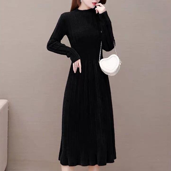 Long Knitted Dress for Women Autumn Solid-color Sweater Dress Imitating Mink Fur Cinched Waist and Trendy Solid-color Long-sleeved Knitted Sweater