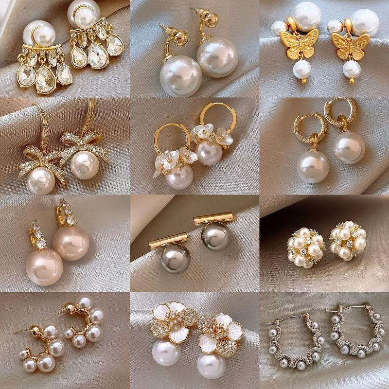 Real Gold Plated 925 Silver Needle Earrings, Natural Freshwater Pearl Flower Drop Earring, Elegant Floral Dangle Stud Earrings For Women Wedding Party