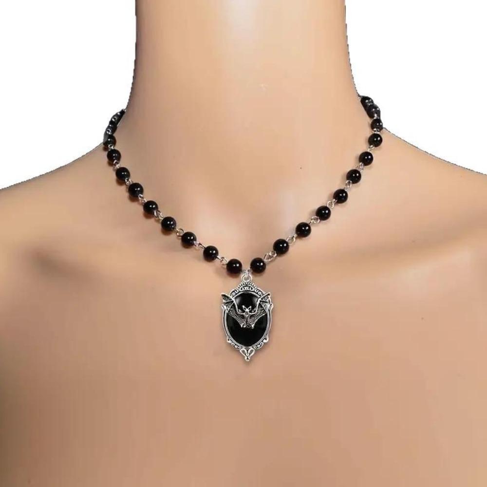 Gothic Punk Silver Color Vampire Bat Relief Oval Pendant Black Bead Chain Necklace for Women Halloween Party Witch Jewelry Gifts