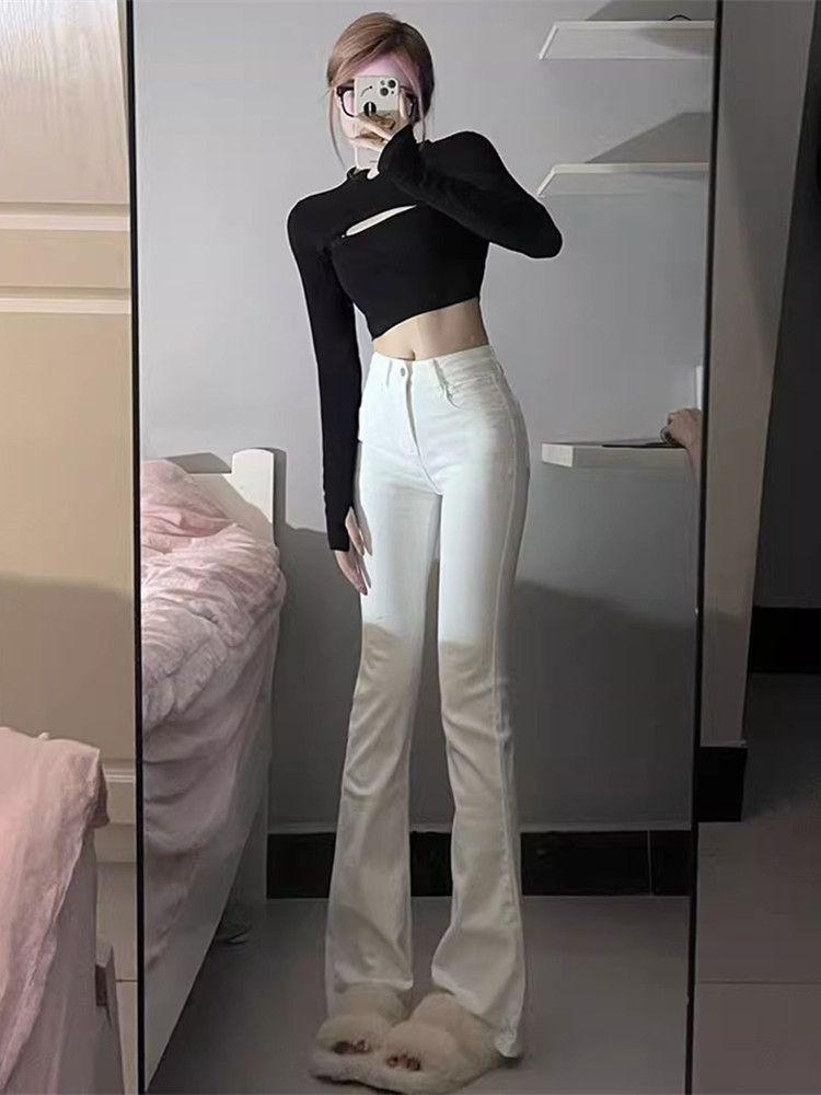 

Белые эластичные джинсы микро-клеш с высокой посадкой: Стройнящее, До пола, Идеально для весны и осени Extra Small белый