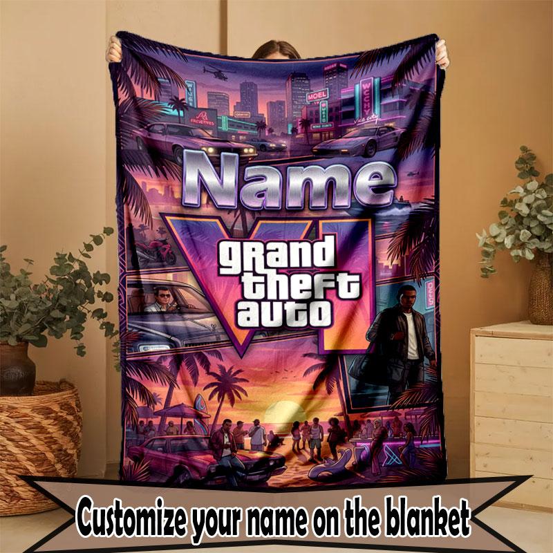 Custom Name Personalized Grand Theft Auto Print Blanket, Home Decor, Bedroom, Sofa, Camping, Couch, Gifts for Birthday Christmas