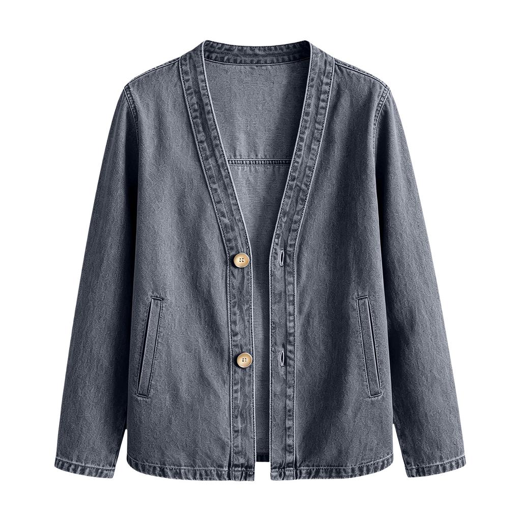 Women's Casual Open Front Cardigan Denim Look Jacket Long Sleeve Button Down Lightweight Outerwear for Everyday Wear