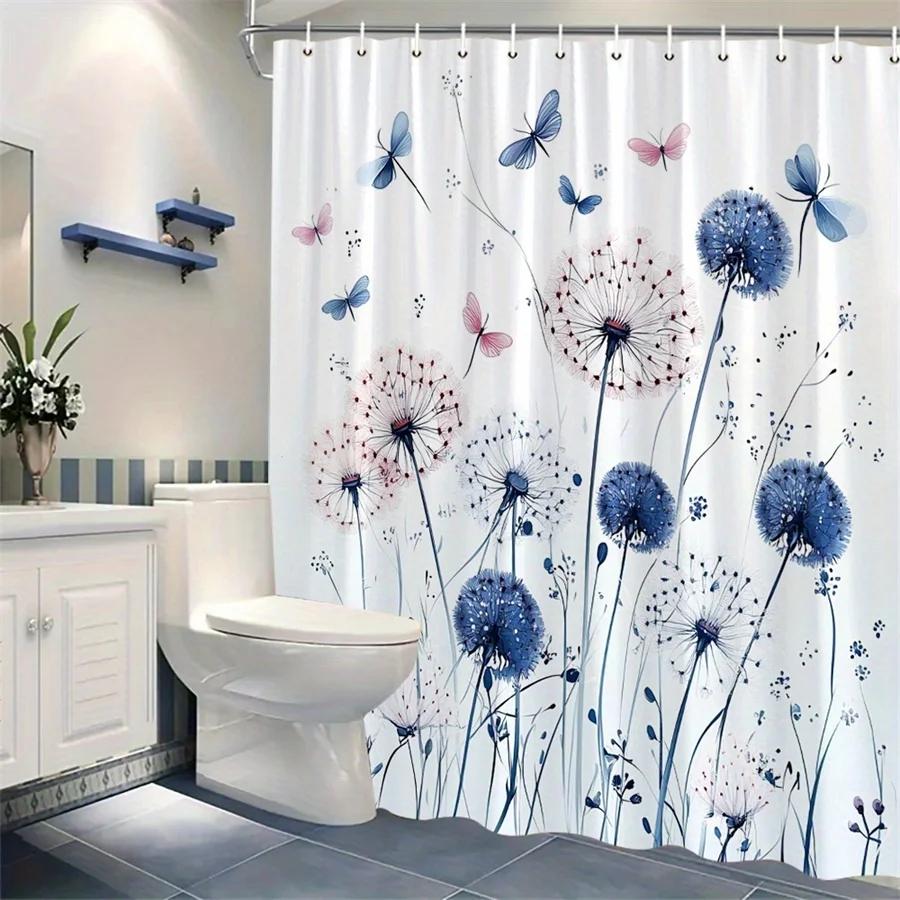 Akvarelový květinový sprchový závěs - Modlé a růžové pampelišky s motýly, Jemné přechodové pozadí, Lze prát v pračce Polyester