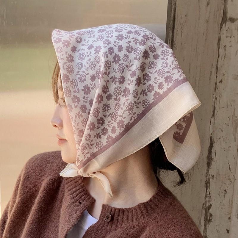 Eșarfă mică pătrată retro de țară, eșarfă artistică franțuzească din bumbac și in, eșarfă de cap pentru femei de primăvară și toamnă, vară, pentru umbră și protecție solară