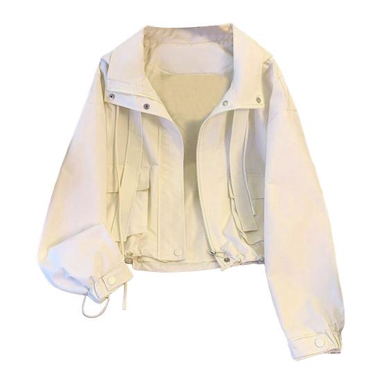 

Женское пальто-карго с капюшоном, свободное однотонное пальто с длинными рукавами, застежкой-молнией, коротким типом, со шнурком и карманами, тонкая женская куртка для поездок на работу и обратно S белый