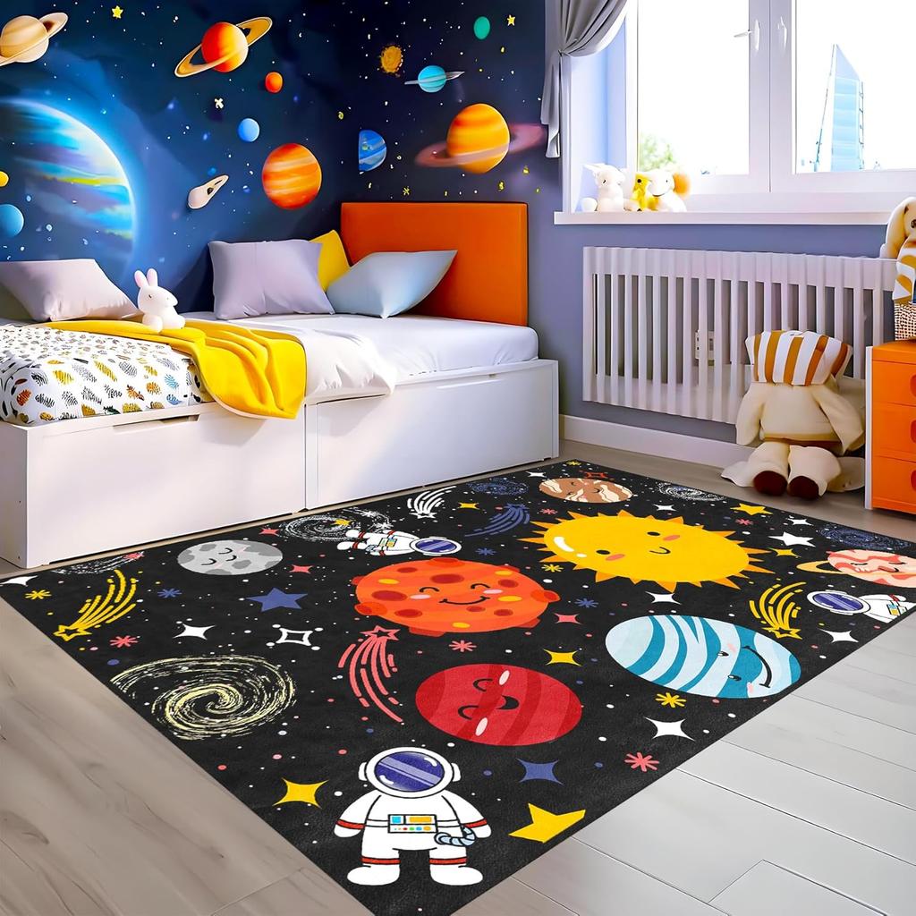 Solar System Rug for Kids - Galaxy Themed Playroom Carpet, Non-Slip Planet Print Floor Mat for Boys Bedroom, Classroom Decor