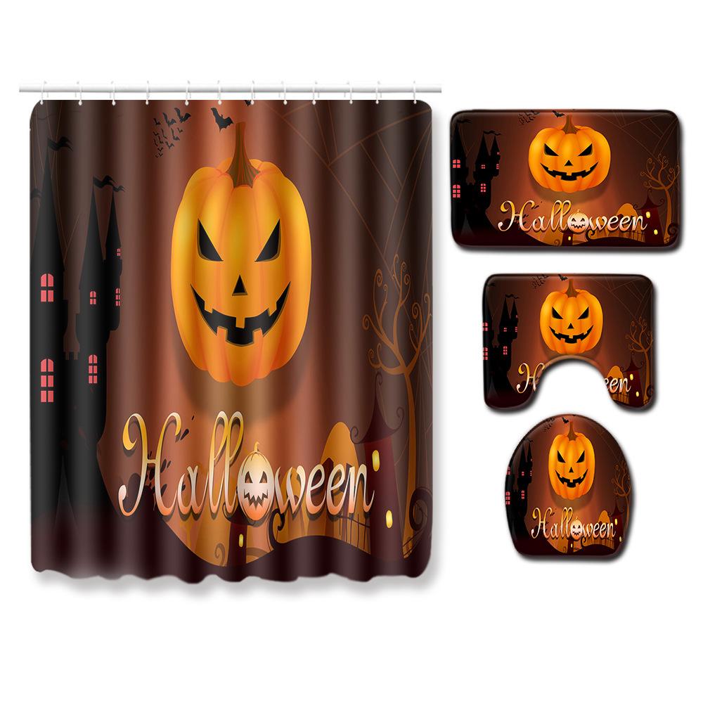 Halloween Shower Curtain Floor Mat Combination Four-Piece Set Bathroom Toilet Carpet Shower Room Foot Mat