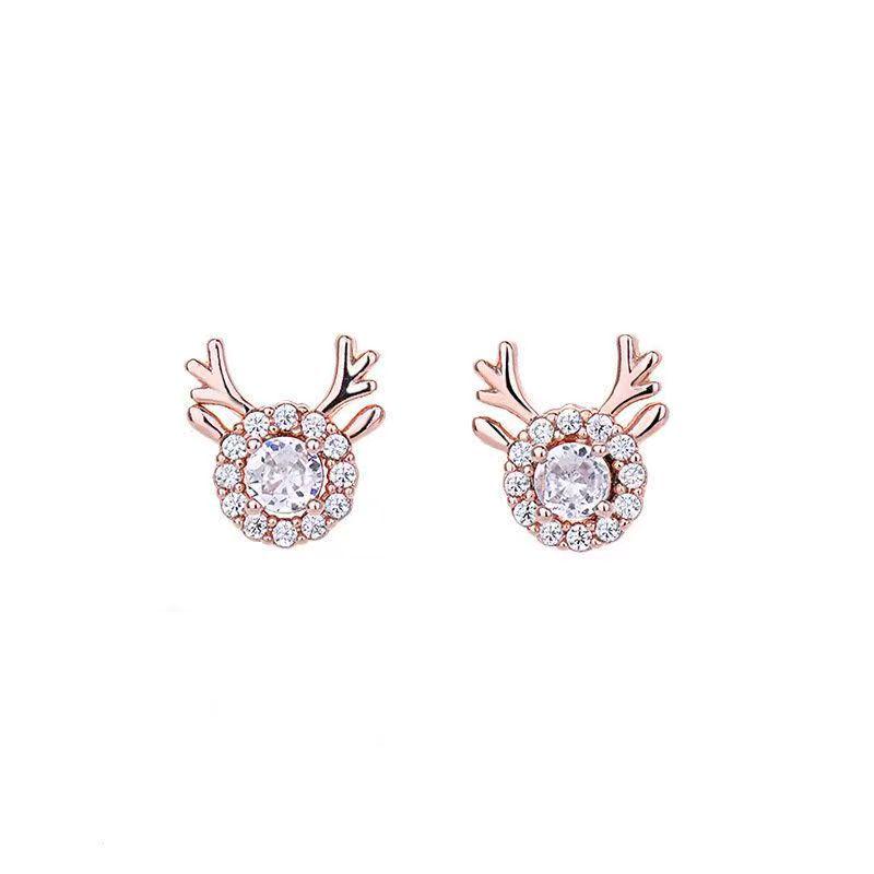 Korean Mori Girl Snowflake Zircon Antler Stud Earrings for Women