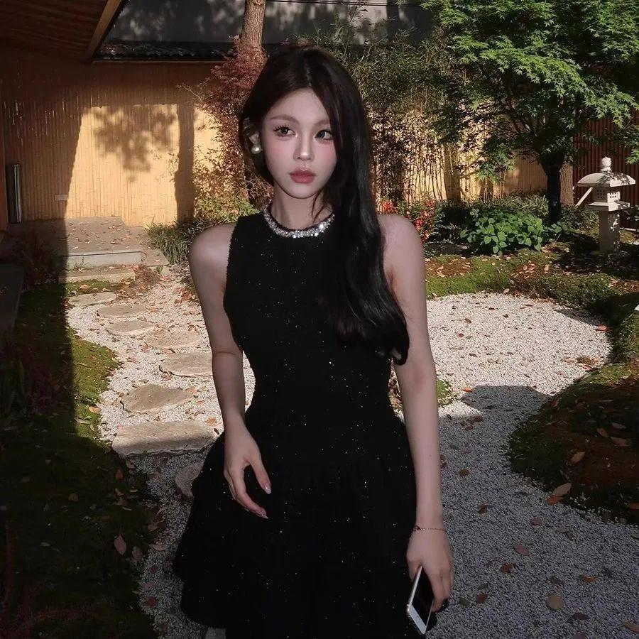 Beautiful Spice Girl Waist Dress Women's French Temperament Thousand Gold Sense Small Black Dress Birthday Dress Short Skirt
