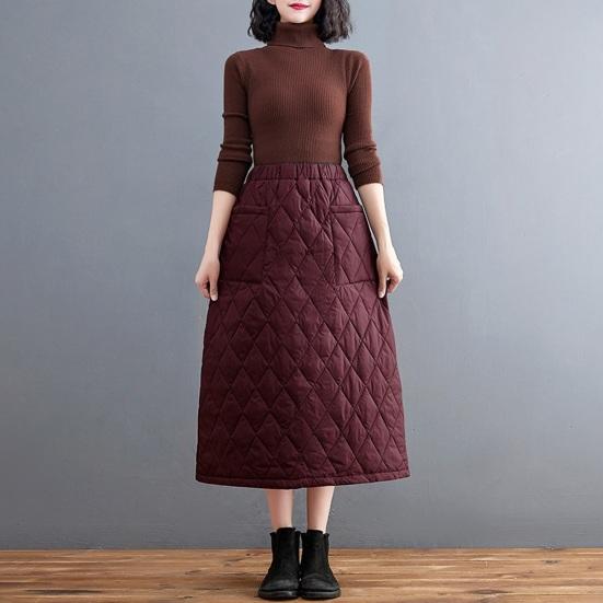 Women Down Skirt Elastic High Waist Large Swing Design Midi Skirt with Pockets Solid Color A-Line Windproof Skirt