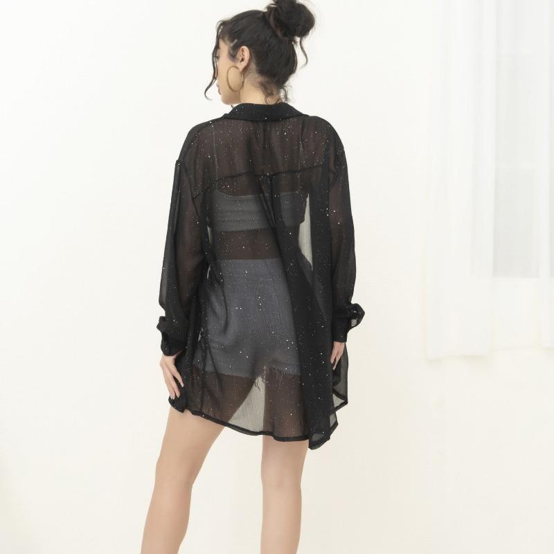 Women's Fashionable Long-sleevedThin Lapel Sequined Shirt and Casual Shirt