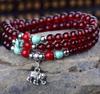 Retro Elephant Charm Multilayed 6mm Red Garnet Beaded Bracelet Gemstone Bracelet