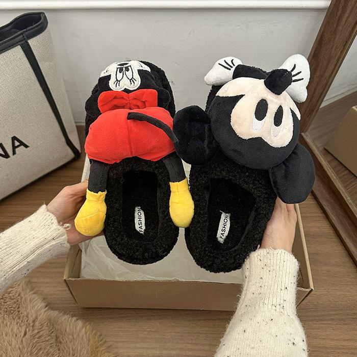 Cartoon Three-dimensional Mickey Cotton Slippers Women's 2025 New Autumn and Winter Indoor Home Warmth Outer Wear Thick-soled Fluffy Slippers