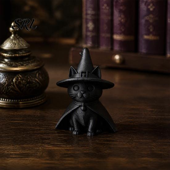 Magic Wizard Black Cat Figurine Gothic Witch Hat Figurine, 3D Printed Cloak Kitten Unique Witchy Room Decor Statue, Spooky Cute Halloween Desktop
