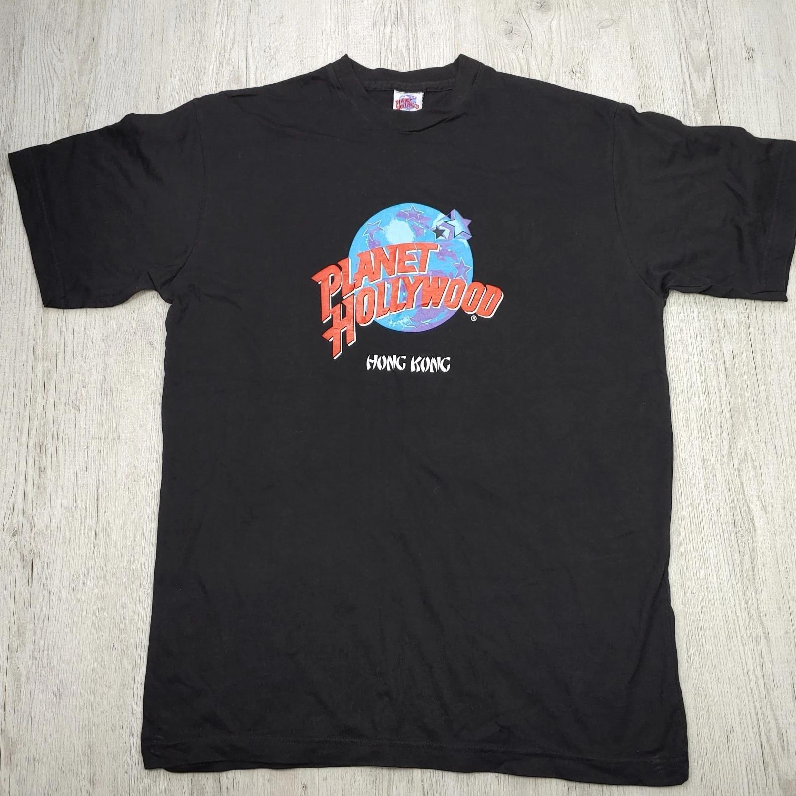 90 s Planet Hollywood Hong Kong Black Graphic 100% Cotton T-shirt Mens Tees Top Size L 1991 Retro Vintage XL