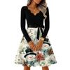 Abito casual da donna con scollo a V, maniche lunghe, stampa natalizia retrò