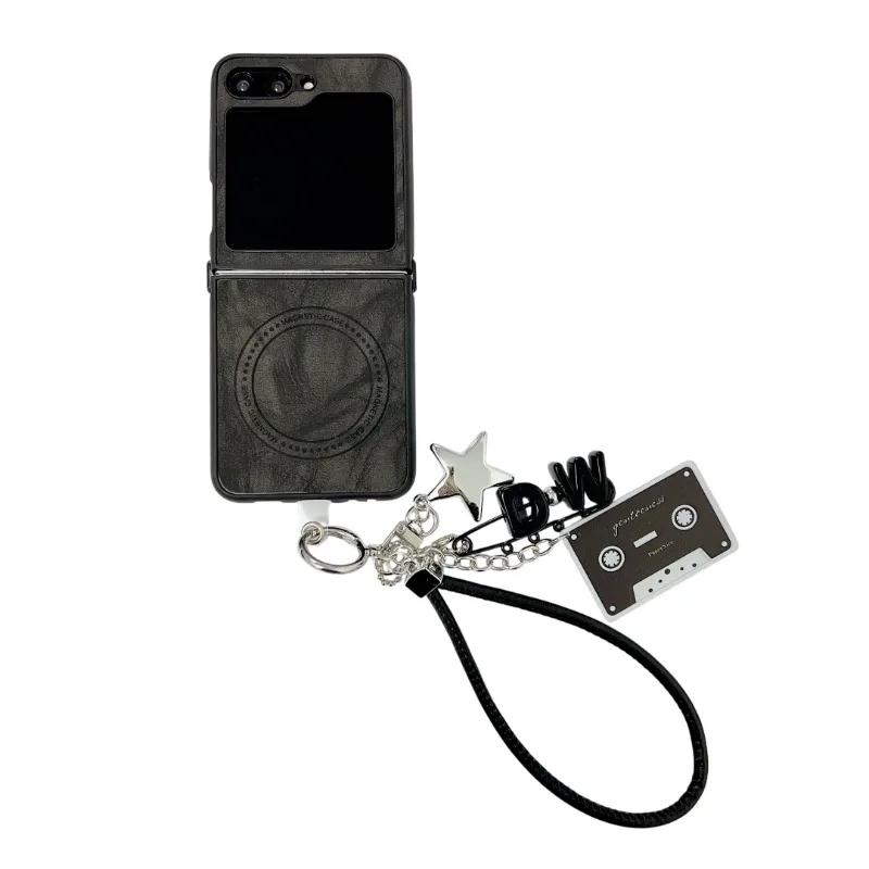 Cute Stars Magnetic Wireless Charging Wrist Strap PU Leather Phone Case for Samsung Galaxy Z Flip 6 5 4 3 Protective Cover