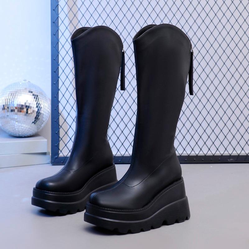 

Fashion 2024 High Quality Shoes Female Zipper Women s Boots Winter Round Toe Solid High Tube Platform Wedge Large Size Fashion Boots 41 чорний