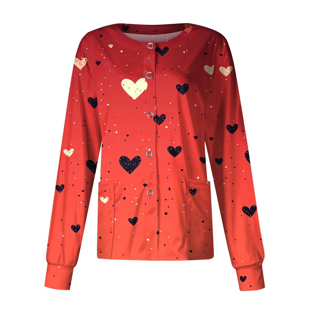 Women's Casual Fashion Long Sleeve Standing Collar Single Breasted Valentine's Day Print Workwear Jacket Tops