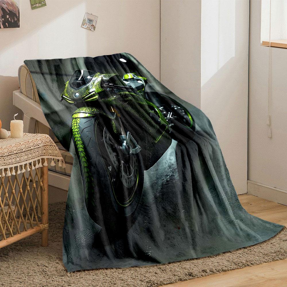 Green Reptile-scale Pattern with Glowing Accents On a Sporty Motorcycle. for All Seasons Blanket Lunch Break Throw Gift