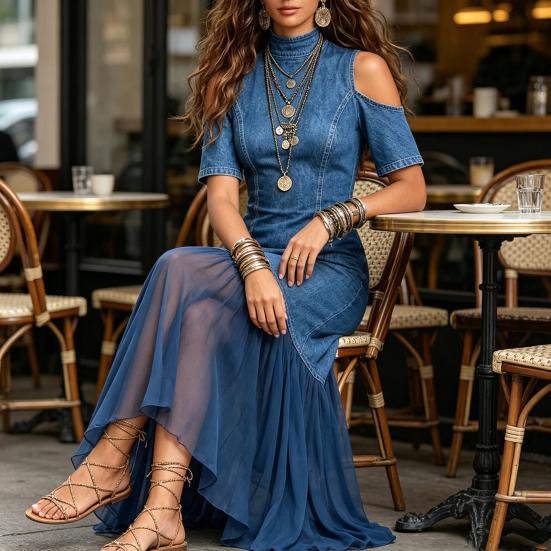 Women Denim Dress, Mesh Patchwork Mock Neck Jeans Midi Dress, Short Sleeve Cutout A-Line Swing Dress