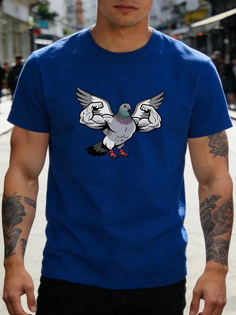 Unisex Crew Neck Short Sleeve Cotton Tee Buff Muscular Pigeon Fitness Cartoon Print Gift For Bird Lover Guy Casual Summer Daily Top