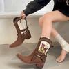 Fashion Vintage Ethnic Style Embroidery Woman Ankle Boots Shoes Ladies Elegant Thick Heel Western Cowboy Botas