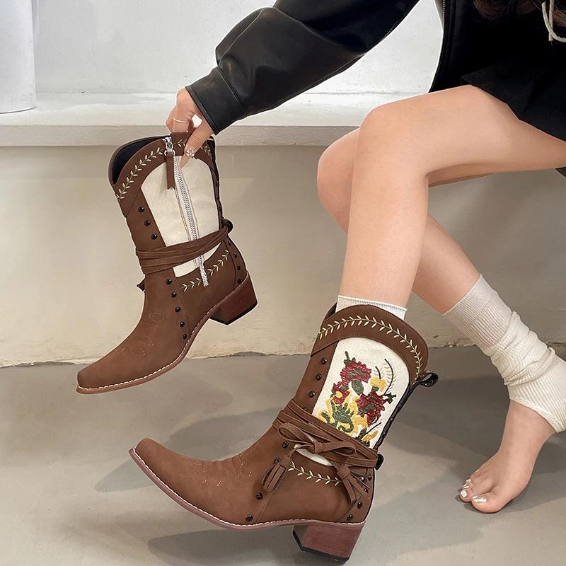 Fashion Vintage Ethnic Style Embroidery Woman Ankle Boots Shoes Ladies Elegant Thick Heel Western Cowboy Botas