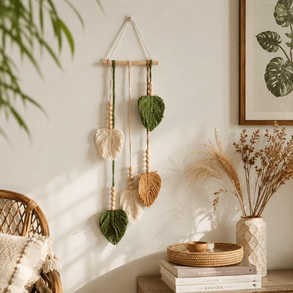 Yarn Woven Wall Art Leaf Tapestry Handmade Wall Hanging Pendant Creative Handwoven Tapestry  Gift
