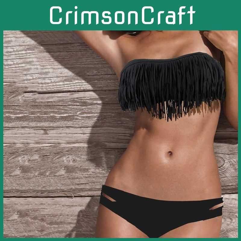 Üstün Kalite Yazlık Seksi Yırtmaçlı Düz Renk Püsküllü Bikini Arkası Açık Plaj Kıyafeti Retro Set Nihai Stil İçin
