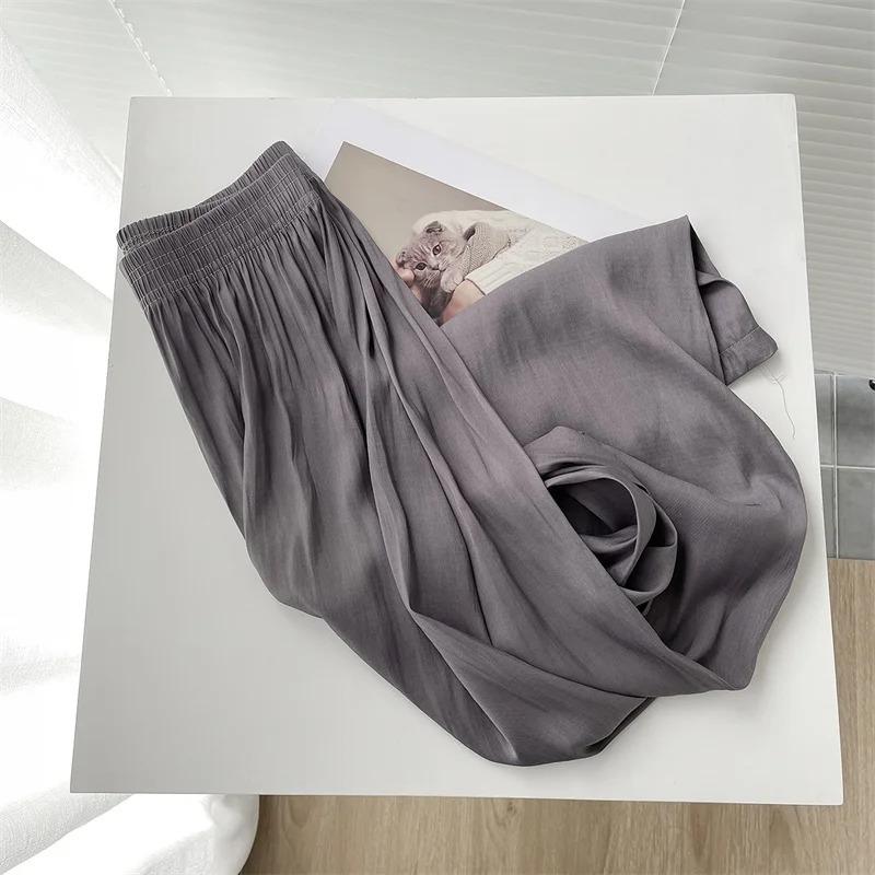 Summer Thin Loose Wide Leg Pants Women's Ice Silk Casual Pants Elegant Elastic Waist Straight Trousers Lady Sport Pant