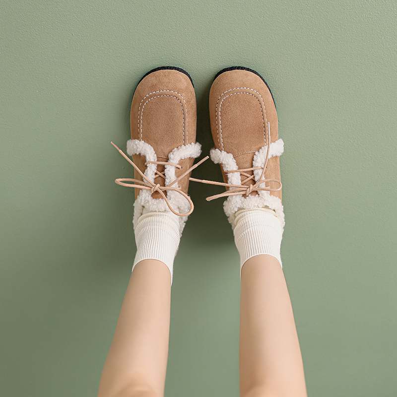 Krazing Pot Suede Fur Spring Autumn Winter Flats Lace Up Women Keep Warm Casual Shoes