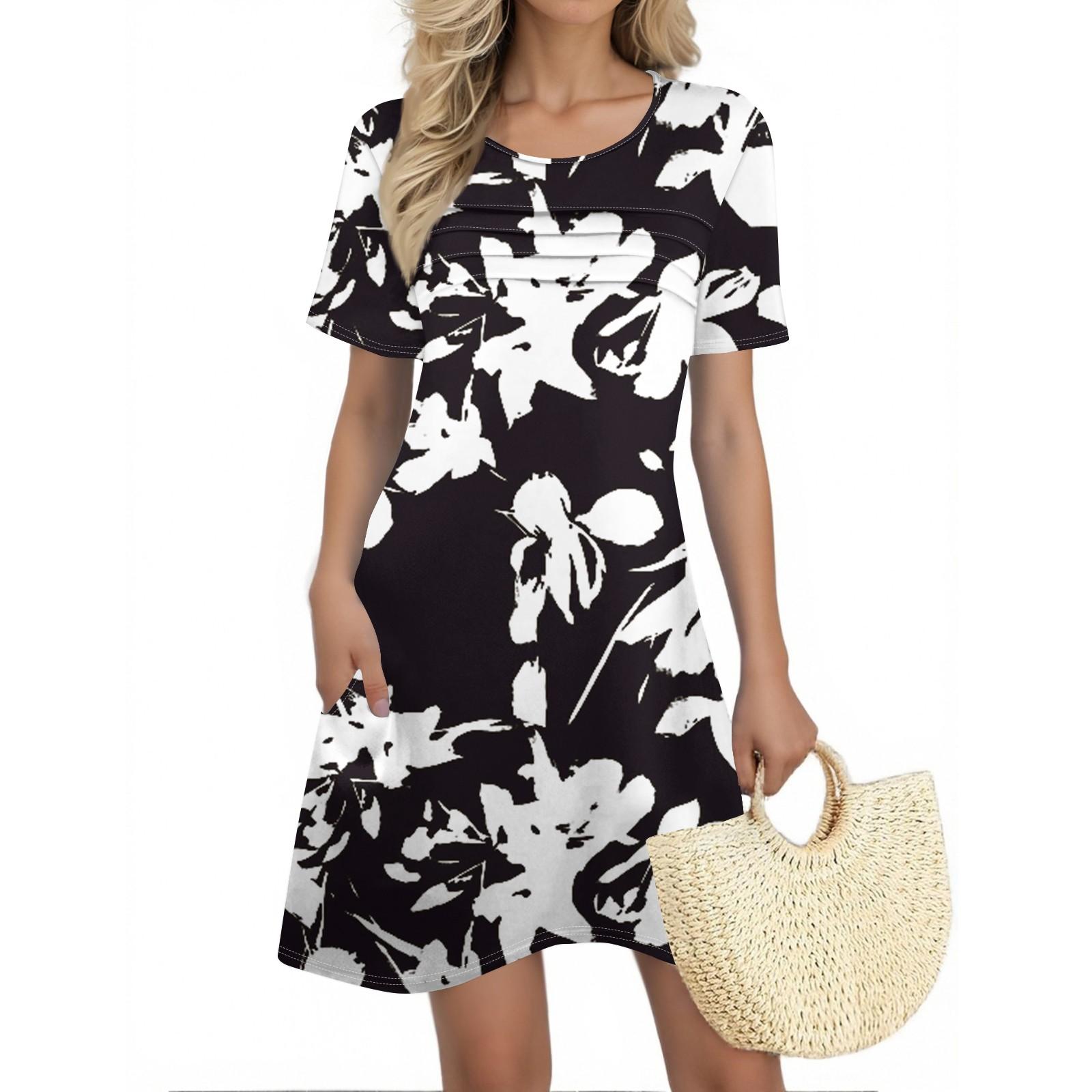 Женские летние платья Женские летние платья с цветочным принтом Повседневные платья с коротким рукавом и круглыми карманами L чёрный