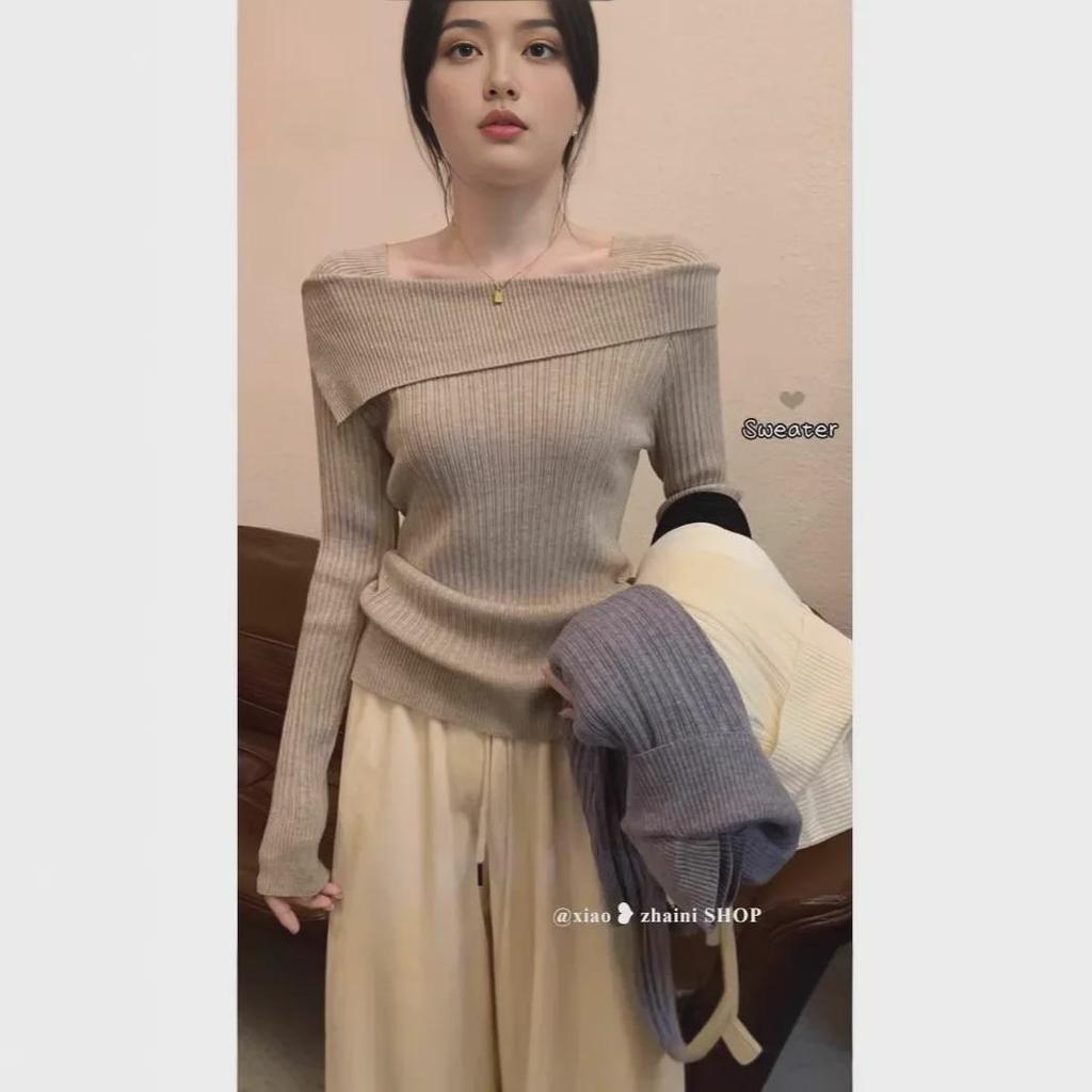 2024 Autumn One-Shoulder Slim Lapel Sweater – High-End Niche Design for Trendy Look