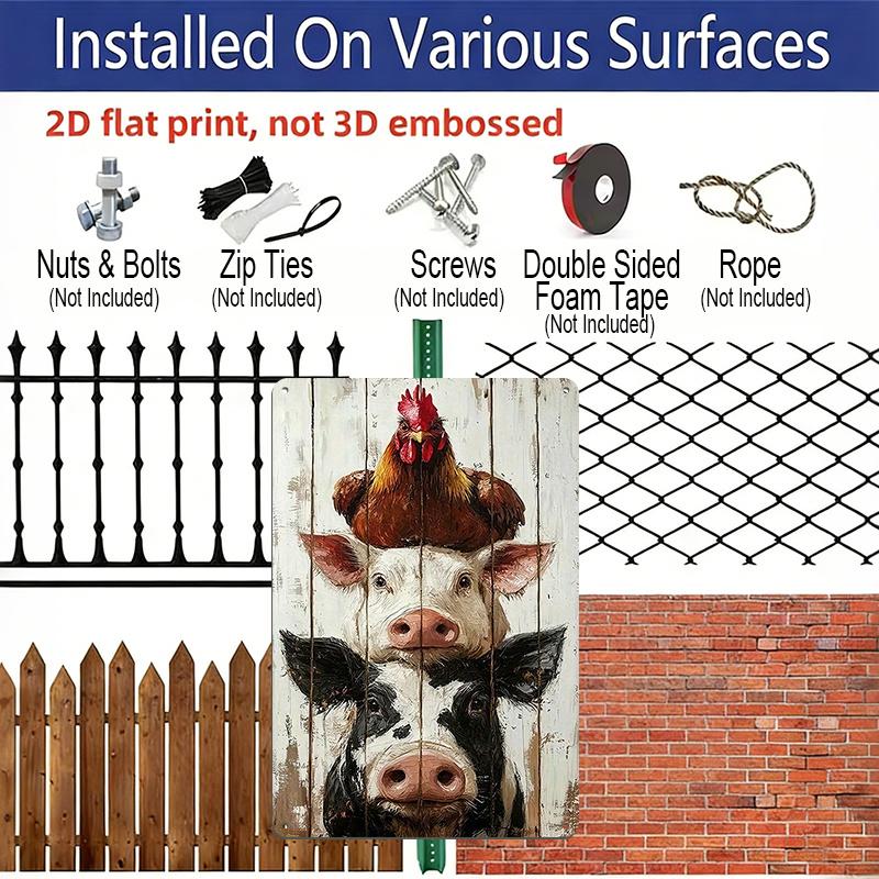 2D Flat 1pc Vintage Aluminum Sign Farm Animals Stacked Cow Pig Chicken Wall Decor Plaque for Home Kitchen Farmhouse Countryside Decor