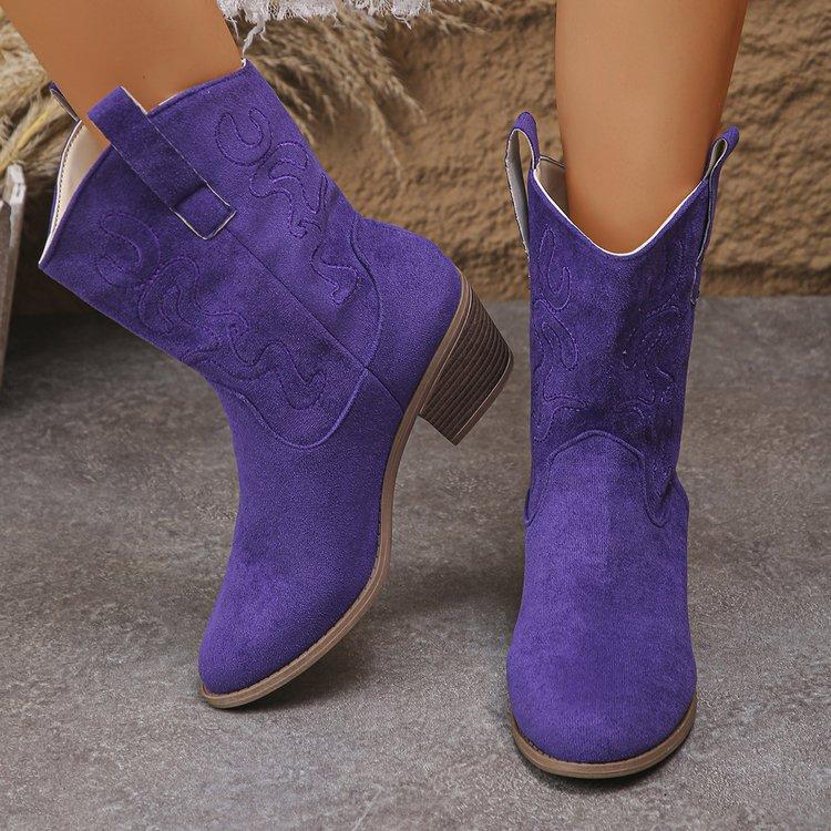 Women Mid-calf Boots V-mouth Design Fashion Boots Retro Embroidered Western Cowboy Boot Women Thick Heel Casual Boot Botas Mujer