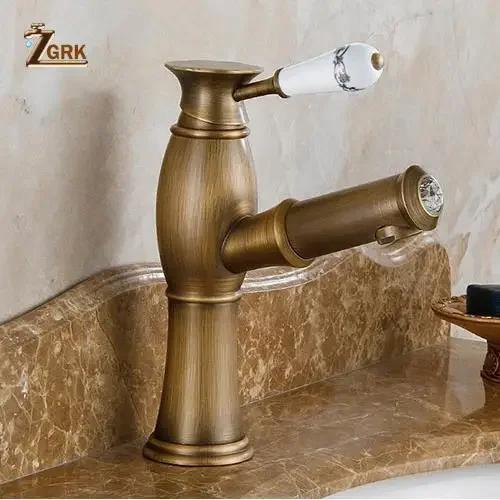 Смесители для раковины Ванная комната Античная латунь Однорычажный Винтажный Настольный Torneiras Горячая и холодная Выдвижной Смеситель для раковины