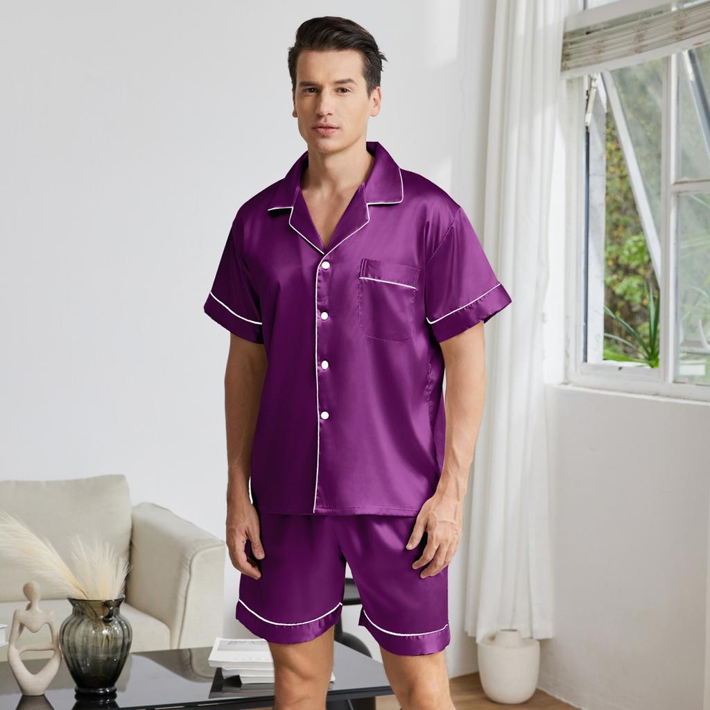 Großformatiges Herren-Pyjamaset, kühler Pyjama, kurze Ärmel, Shorts, Ober- und Unterteil als Doppelgänger, einfaches Eis seide Set.