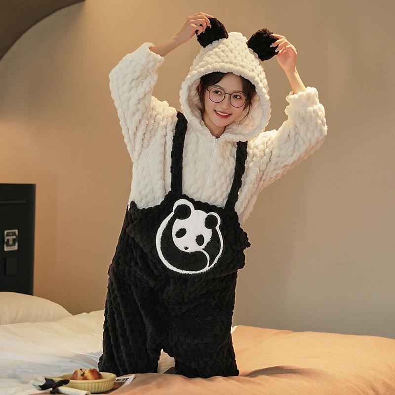 Thickened Flannel Pajamas Women's Autumn and Winter Home Wear Sweet Cute Long Hooded Nightwear Warm Loose Fit Casual Sleepwear