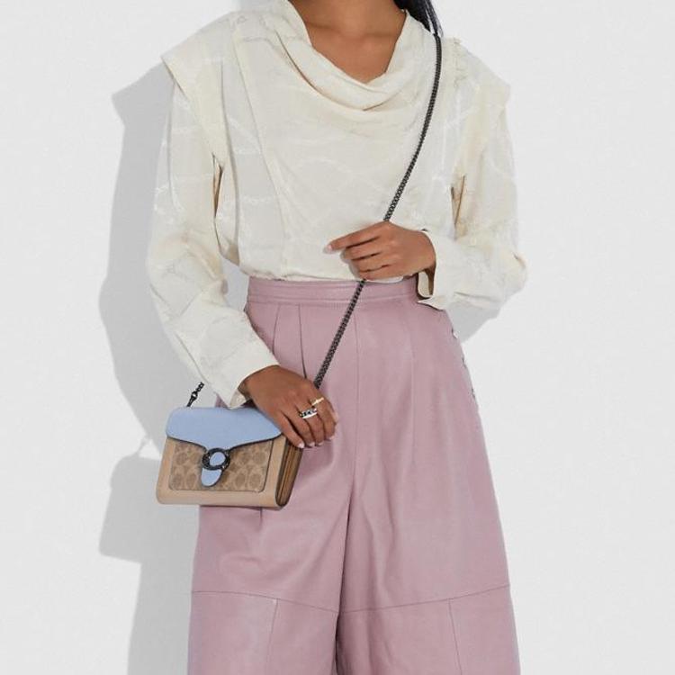 Coach Tan Signature Canvas & Light Blue Leather C Logo Chain Crossbody Bag with Gunmetal Hardware for Daily Use