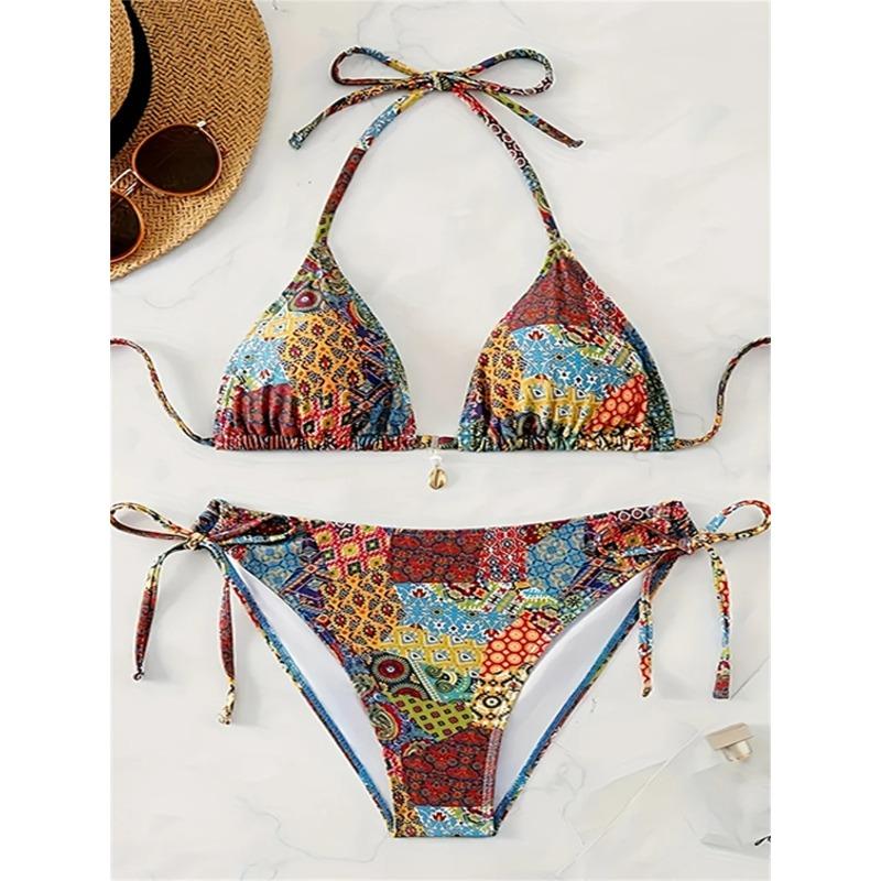 Bohemian Print Bikinis Halter String Backless Swimsuit Push Up Bikini Pendant Vacation Swimwears Women Beach Outfit Bathing Suit S
