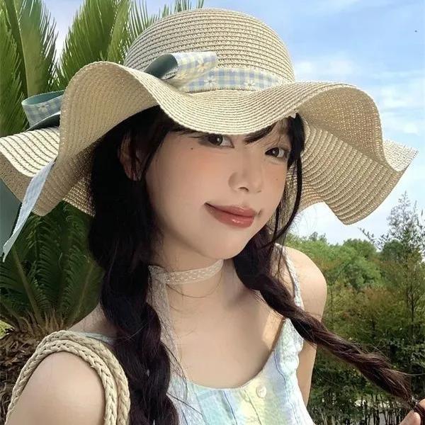WTEMPO Floral Plaid Printed Cloth Bow Retro Elegant Large Brim Foldable Sun Hats Women's Solid Color Casual Versatile Summer Sunscreen Beach Hats