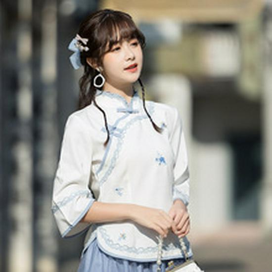 Retro Ethnic Embroidered Cotton-Linen Tang Suit: Two-Piece Cheongsam Zen Tea Outfit